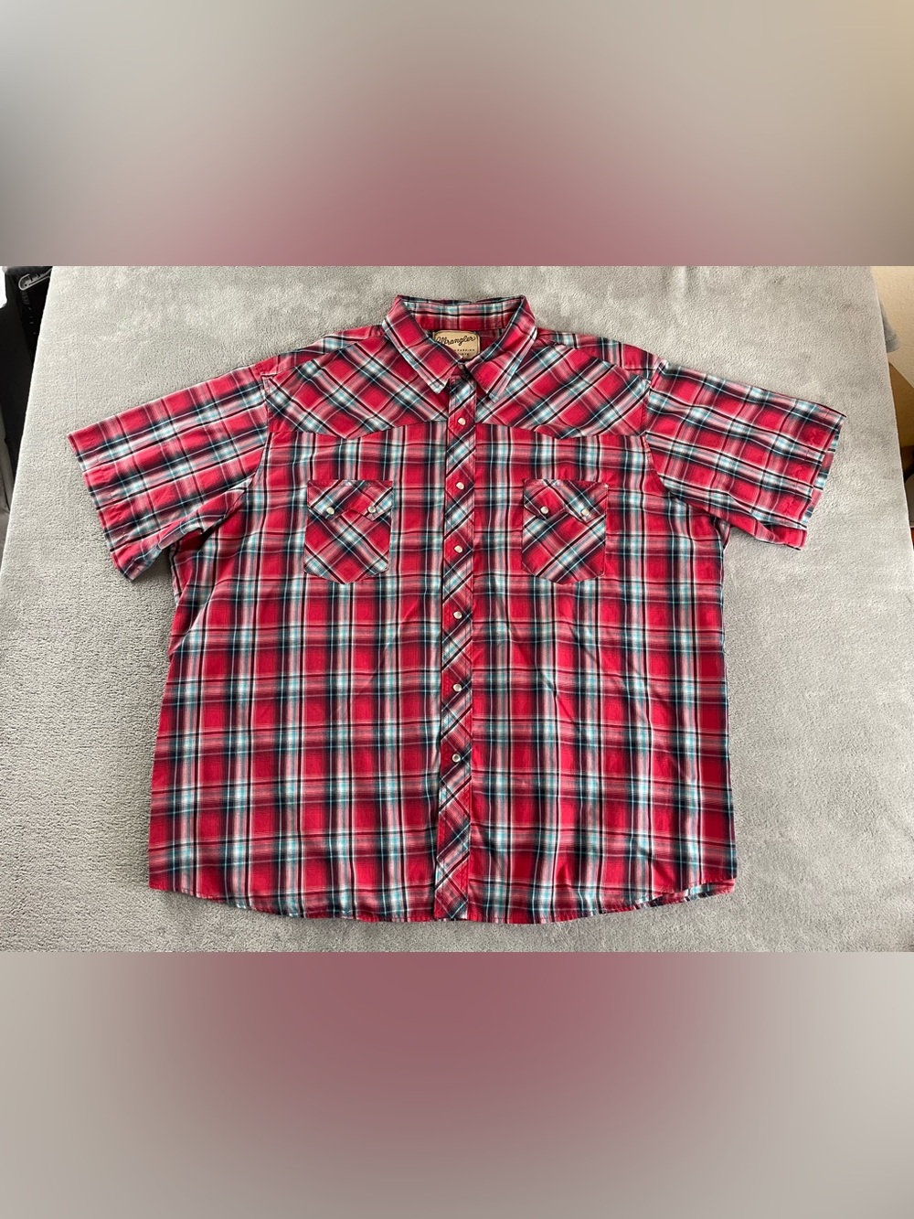 Wrangler Retro Western Shirt Mens 3XL No Tag Red Plaid Pearl Snap Short Sleeve